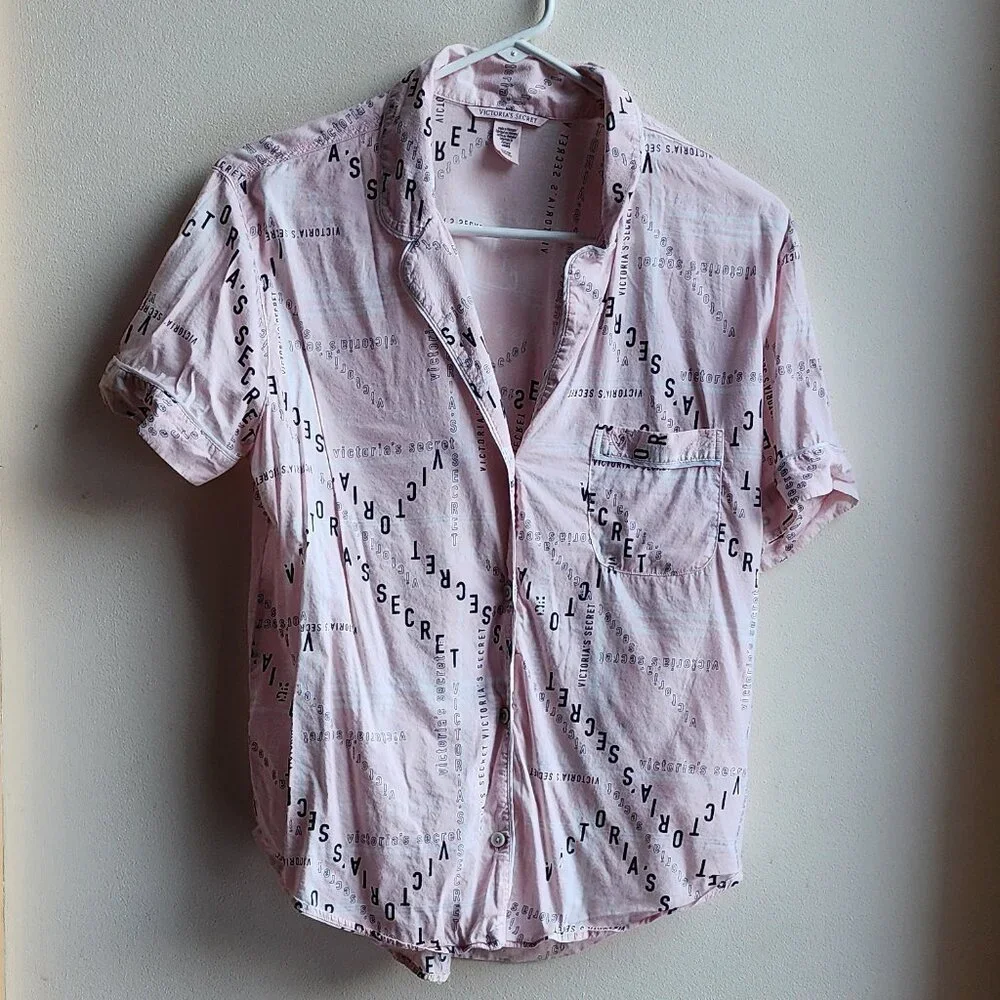 Victoria's Secret Pink/Black Cotton Blend Button Down Pajama Shirt Size Small